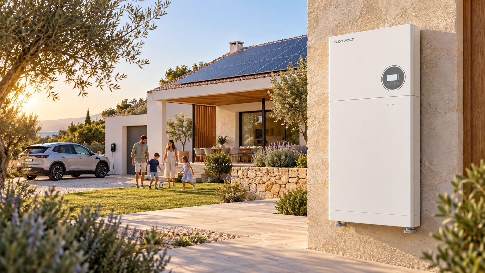 Sistema Neovolt blanco junto a una vivienda con paneles solares, coche eléctrico y una familia en el jardín